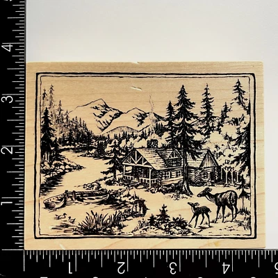 Sello de goma montado en madera PSX Mountain Cabin Lodge River Lake Deer Scene K2780 Foto 1 de 3