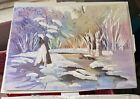 Watercolor Painting Winter Landscape Forest Brook Colorful Karen Starn 11 X 15