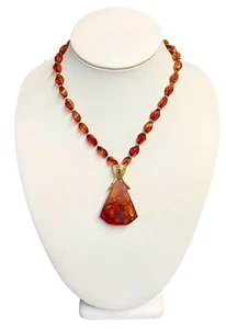 14K Yellow Gold Abstract Amber Pendant Beaded Necklace Detachable Pendant 14” - Picture 1 of 24