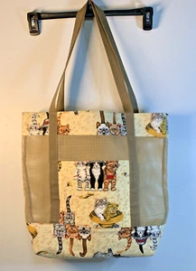 Adorable Handmade Cotton & Mesh Kitten Cat Pool Beach Tote Bag - 2 Pockets - Picture 1 of 17