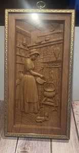 Vintage Carved Wood Wall Plaque Kitchen Scene Woman & Cat Folk Art 15x8 - Picture 1 of 3