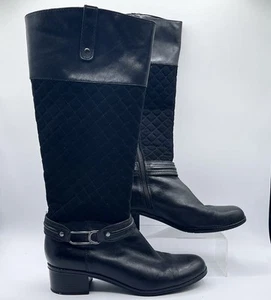 Black Leather Quilted Mid Calf Boots Women’s Size 8M Zip Buckle Moto - Picture 1 of 15