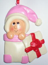 BABY GIRL FIRST CHRISTMAS TREE ORNAMENT PEEKING OUT OF BOX  UNIQUE GIFT PINK HAT