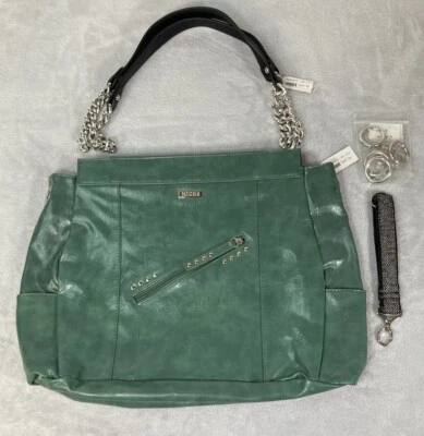 Novo com etiquetas Miche Prima shell couro sintético verde leah, preto com alças de corrente chaveiro - Imagem 1 de 4