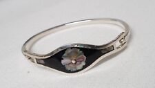 ARTISAN BANGLE BLACK PAINTED FLOWER W/MOTHER OF PEARL/ABALONE BY C. ALBERT