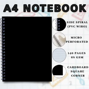 (Pack 5) A4 Wirebound Hard Cover Notebook Perforated Ruled 140 Pages 68GSM Black - Picture 1 of 11