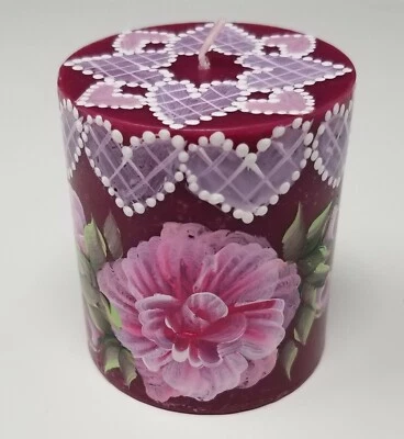 Pillar Candle Valentine Hearts Pink Roses & Buds Hand Painted 3" Berry Scented - image 1 of 3