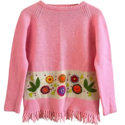 Vintage Wool Floral Hand Embroidered Sweater M Pink Fringe Cottagecore Boho - Image 1 of 4