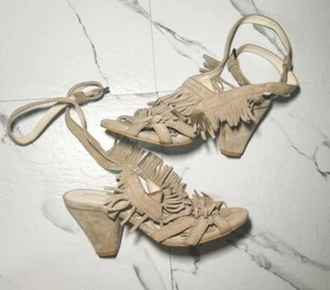 Zara Ladies Fringed Beige Nude Block Heels Womans Size EU 38 / US 7 Shoes - Picture 1 of 3