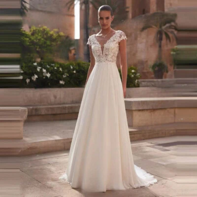 Elegant Chiffon Wedding Dresses V-Neck Cap Sleeved Lace Appliques Bridal Gowns - Image 1 of 4