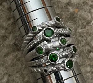 Judith Ripka Sterling Silver Multi Row Green Diopside & White Topaz Ring Sz 8 - Picture 1 of 5