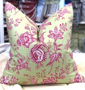 Pillow Cover 24 X 24, French provincial Floral print, bright green/red/white - Picture 1 of 5