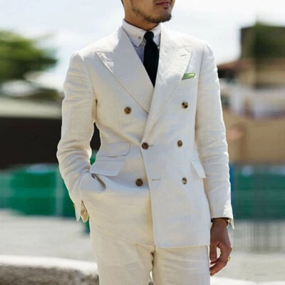 Cream Linen Men Suits Casual Double Breasted Blazer Wide Peak Lapel Groom Tuxedo - Image 1 of 4