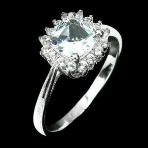 Silver Ring Aquamarine Genuine Natural Gems Solid Sterling Size P 1/2 US 8 - Picture 1 of 24