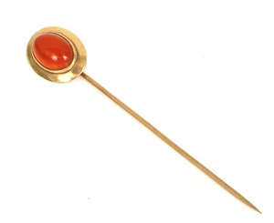 VINTAGE BEAUTIFUL 14K YELLOW GOLD CARNELIAN HAT STICK PIN ART DECO 3" 2.6 GRAMS - Picture 1 of 2