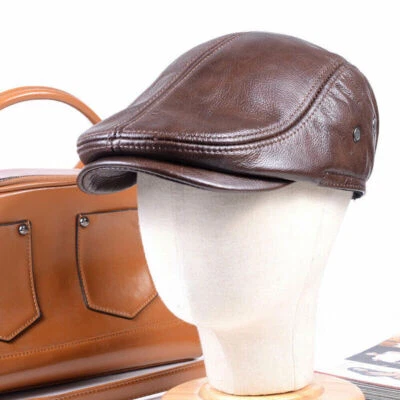 Men Real Genuine Cow Leather Peaked Cap Winter Warm Ear Muff Beret Newsboy Hats - Image 1 of 4