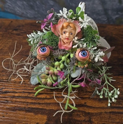 OOAK Vtg Teacup Art Eyeballs Eclectic Oddities Curiosity Creepy Succulents Weird - Image 1 of 4