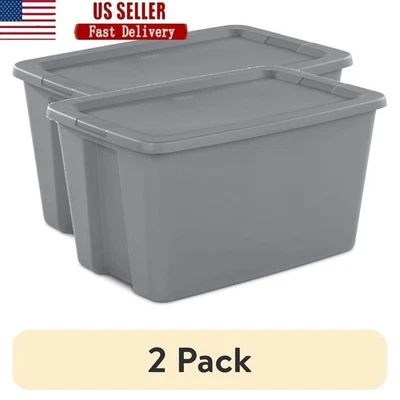 30 Gallon Storage Bins 2 Pack Plastic Snap On Lids Stackable Containers Box Gray - Image 1 of 4