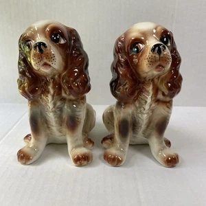 Vintage MCM Keramik Spaniel Hund Figur Paar 6,5" groß braun weiß - Bild 1 von 16
