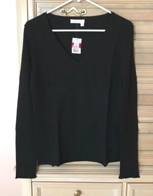 NWT NEW FRESH PRODUCE Black Cotton Cashmere Deep V Neck Sweater M/L MSRP $85 - Image 1 of 2