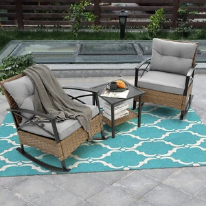 Outdoor 3-Piece Rocking Bistro Set Rattan Patio Porch Chairs Table Gray Cushion - Picture 1 of 9