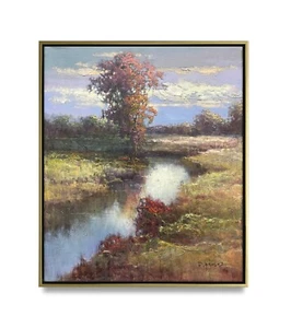 Hungryartist - Original Ölgemälde von Fluss & Baum auf Leinwand 20x24 gerahmt - Bild 1 von 6
