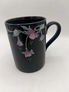 Fuschia Vintage Russ Berrie Ceramic Coffee Mug Retro Black 80s Floral Purple - Picture 1 of 6