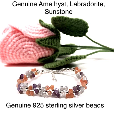 Pulseira de prata esterlina e ametista, pedra do sol, labradorita -Feita à mão - Tam 7 - 8" - Imagem 1 de 4