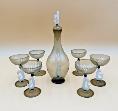 JUEGO DE CÓCTEL BIMINI FRITZ LAMPL VIDRIO AHUMADO TALLO DE SIRENA 6 VASOS Y JARRA Foto 1 de 4