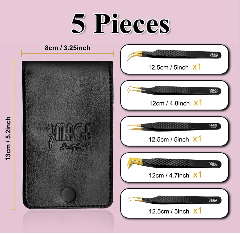 IMAGE 5 Pcs Japanese Steel Lash Tweezers Set with Leather Case 45 & 90* titanium tips