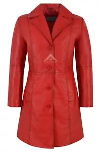 TRENCH Ladies Leather Jacket Red Knee-Length Classic Designer Lambskin Coat 3457 - Picture 1 of 9