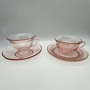 Vtg Depression Era Cups & Saucers Lot Of 2 , Pink Glass - Picture 1 of 7