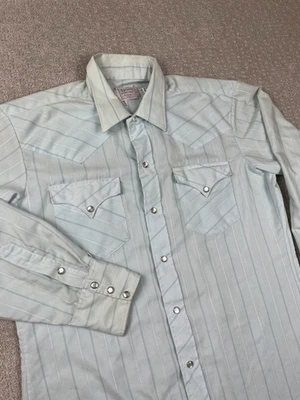 Винтажная мужская рубашка 70-х H Bar C 16-34 Ranchwear с длинным хвостом в синюю полоску сделано в США - Изображение 1 из 4