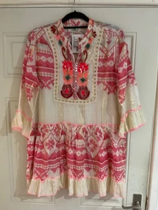New Made in Italy Lagenlook Ivory/Pink Crochet Frill Tunic Top - Size M/L BNWT - Picture 1 of 10