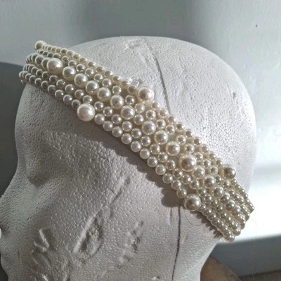 Diadema nupcial elástica imitación perla cóctel sombrero banda 1" ancho cuentas dinero viejo Foto 1 de 4