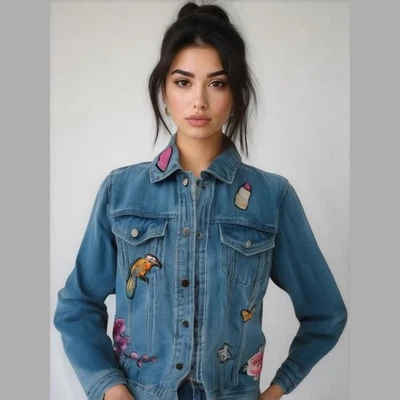 NY Collection Blue Denim Embroidered Sequin Classic Jean Jacket Women Sz S - Image 1 of 4