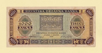 REINO DE CROACIA, SEGUNDA GUERRA MUNDIAL 1000 KUNA 1943 P-12a en estado bastante bueno++ billetes del gobierno Foto 1 de 2