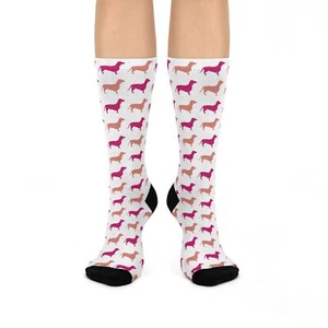 Dachshund Crew Socks Magenta and Latte Unisex Mid Calf Crew Stretchy Original - Picture 1 of 7