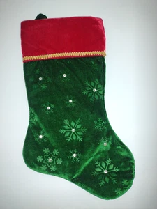 Velvet Red and Green Christmas Stocking with Snowflakes and Sequins - Picture 1 of 5