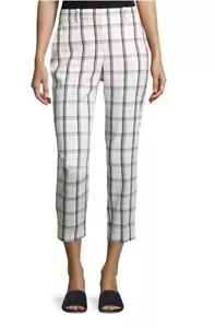 Theory Sz 10 Pants Women's Treeca 2 Mix Check Blue Cream Crop Wool Trousers - Picture 1 of 10