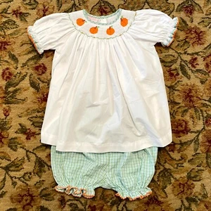 Petit Bebe Hand Smocked Toddler Size 3T Top Short Set Cotton Blend Pumpkin Fall - Picture 1 of 15