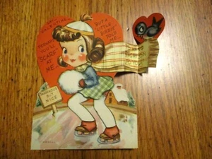 VINTAGE 1940er NOS DREIFACH FALTBARE VALENTINSTAGSKARTE ~ GEFÄHRLICH ABER SCHÖN ~ MÄDCHEN EISLAUFEN - Bild 1 von 5