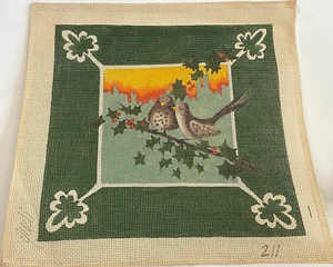 Vtg Hand Painted Christmas Birds Holly Leaves Berries Needlepoint Canvas by Judi - Picture 1 of 3