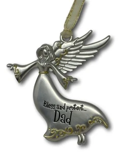 Bless and Protect Dad Silver Gold Angel Ornament Christmas Metal Wings 3 in - Picture 1 of 3