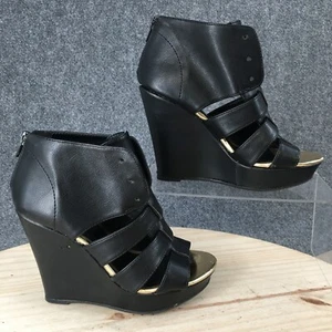 Qupid Boots Womens 5 Cut Out Ankle Booties Black Leather Wedge Peep Toe Casual - Picture 1 of 10