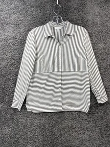 J. Jill Womens XS Striped Long Sleeve Collared Button Down Top Black White Slit - Picture 1 of 18