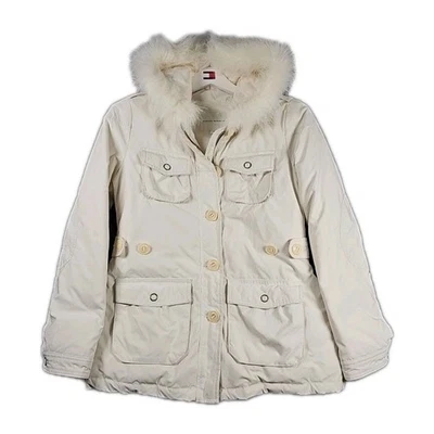 Chaqueta Parka Banana Republic Mujer Pequeña Marfil Plumas Plumón Capucha Abrigo Abombado Foto 1 de 4