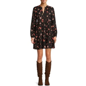 Mini Vestido The GET Negro Floral Dorado Brillante Rayas Manga Larga Fluido Forrado S - Imagen 1 de 8