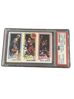 1980-81 Topps - Magic Johnson Larry Bird Julius Erving Reprint Triple Auto - Image 1 of 2