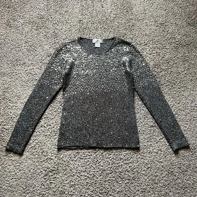 Top tejido vintage Y2K años 90 grande gris plata manga larga lentejuelas hada capricho Foto 1 de 4